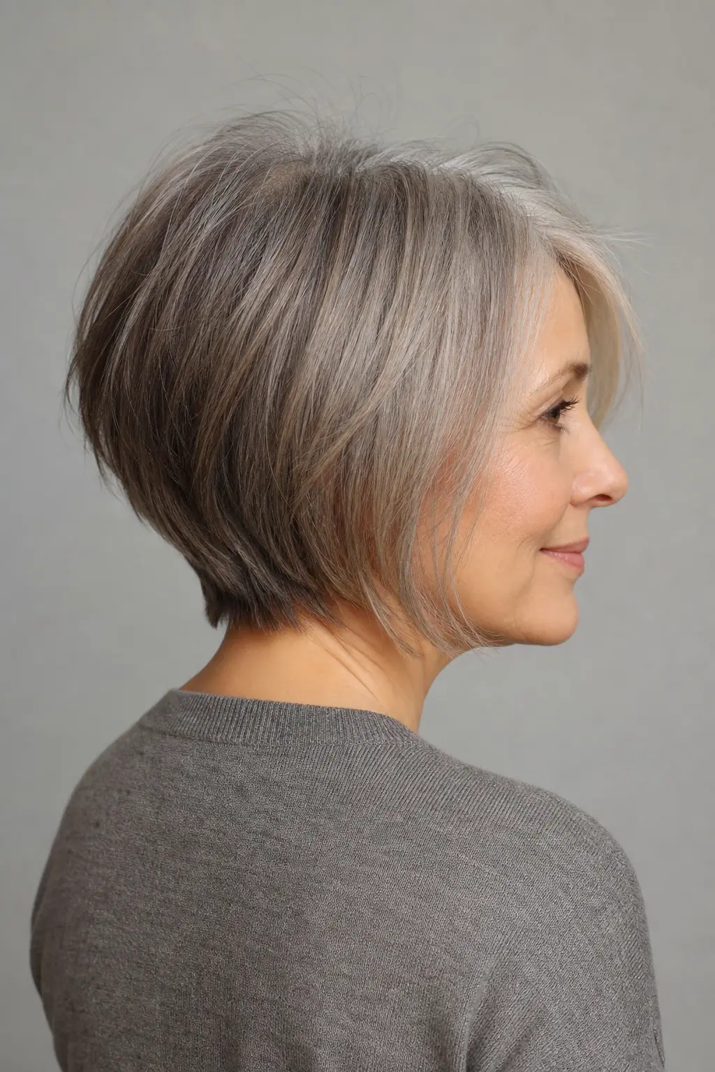 Soft graduated bob with gentle crown stacking on fine gray hair over 60