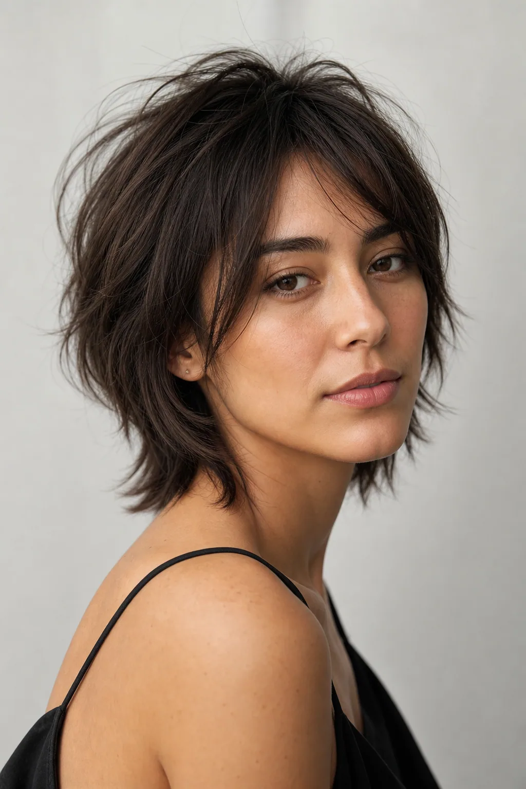 Fine hair cut into a soft modern shag at the mid-grow-out length, movement at the crown, three-quarter view