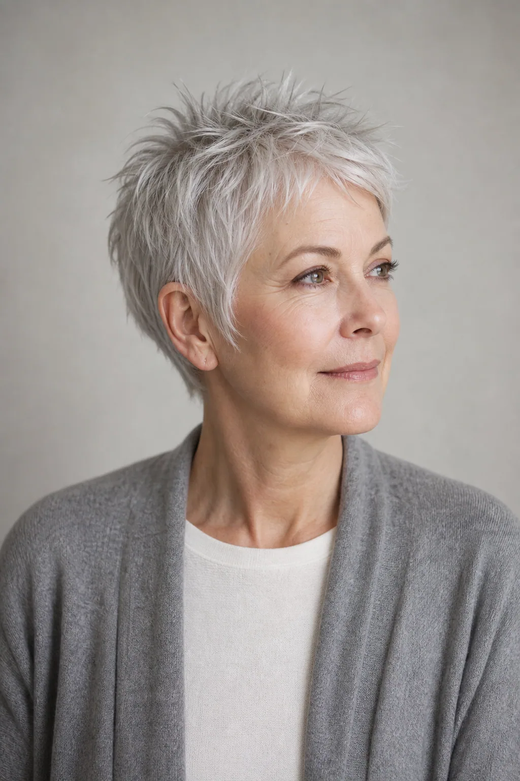 Soft point-cut pixie on fine silver hair, air-dried, woman over 60