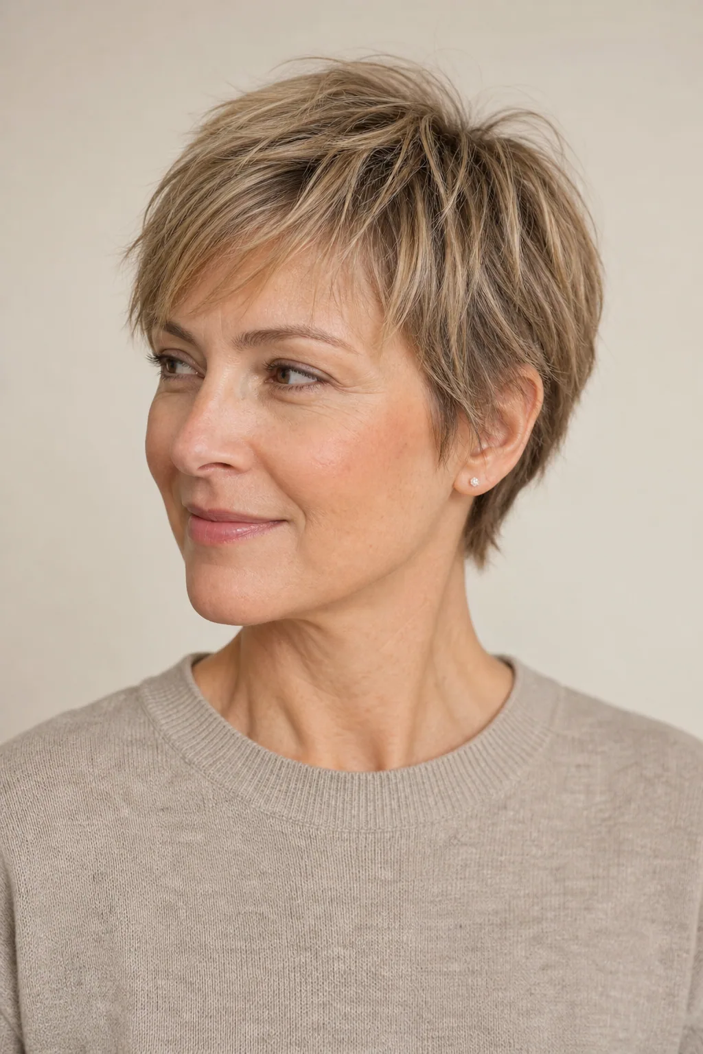 Soft point-cut pixie on fine dark-blond hair, air-dried