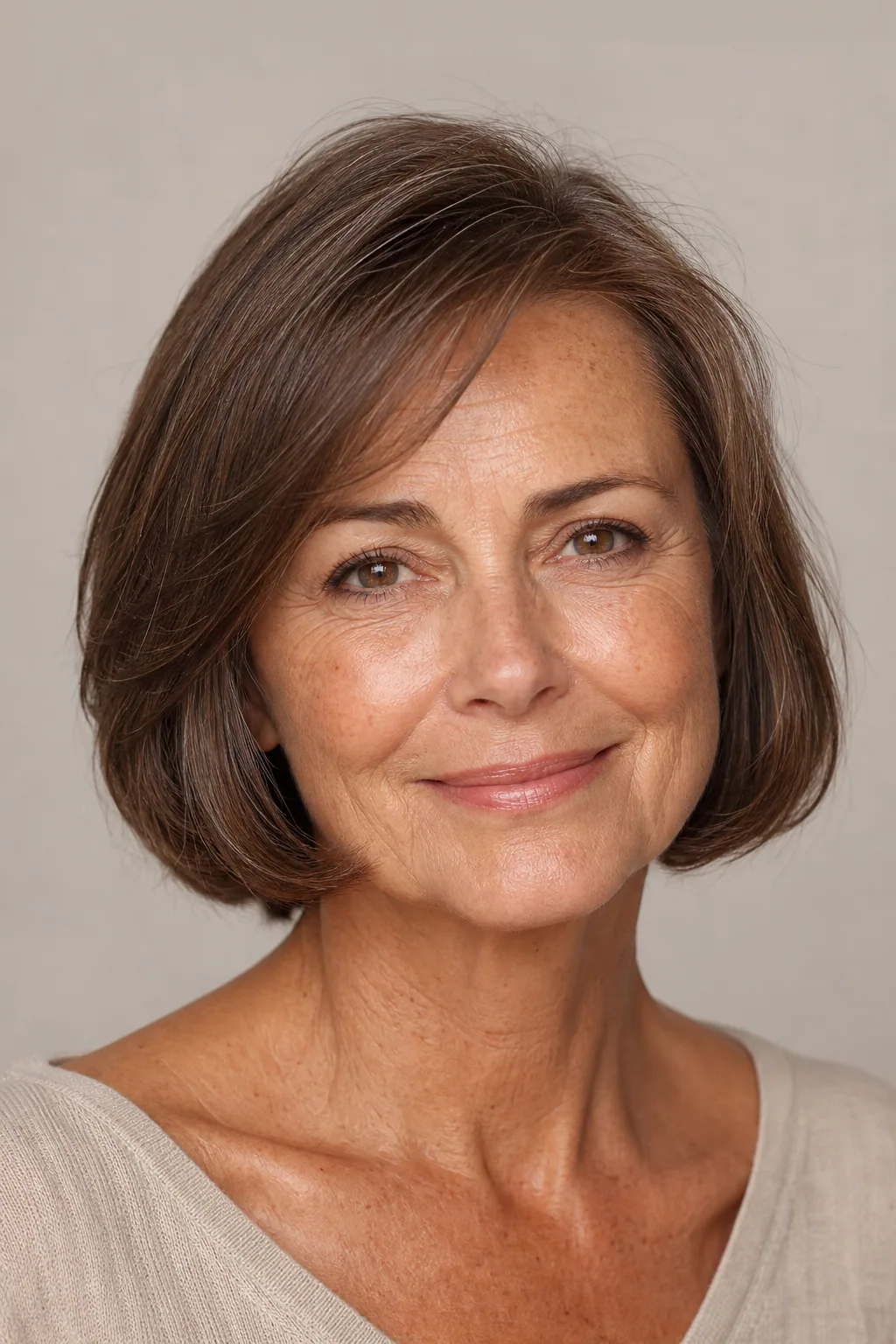 Soft rounded bob with a deep side part lifting the roots on fine thin brunette hair over 60