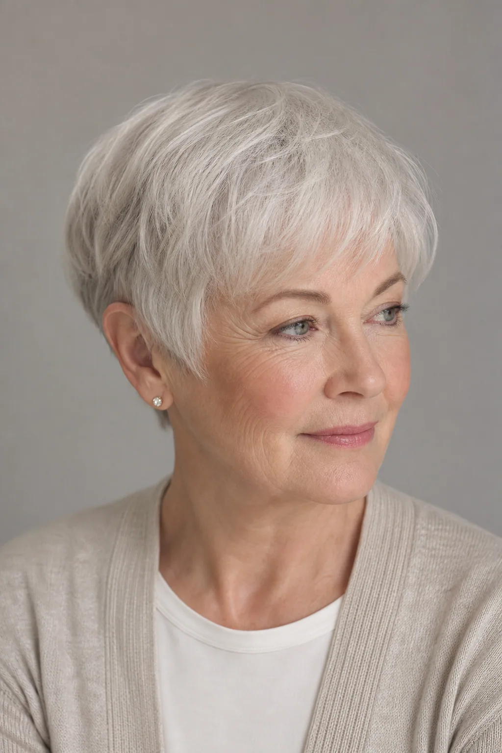 Soft rounded pixie with a full crown on fine white-silver hair over 60
