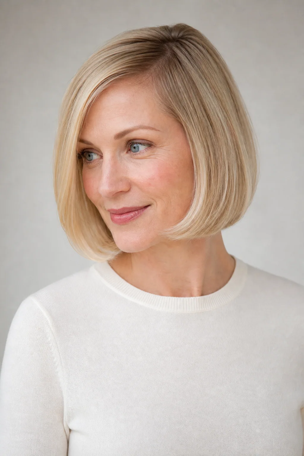 Soft rounded short bob on fine honey-blond hair
