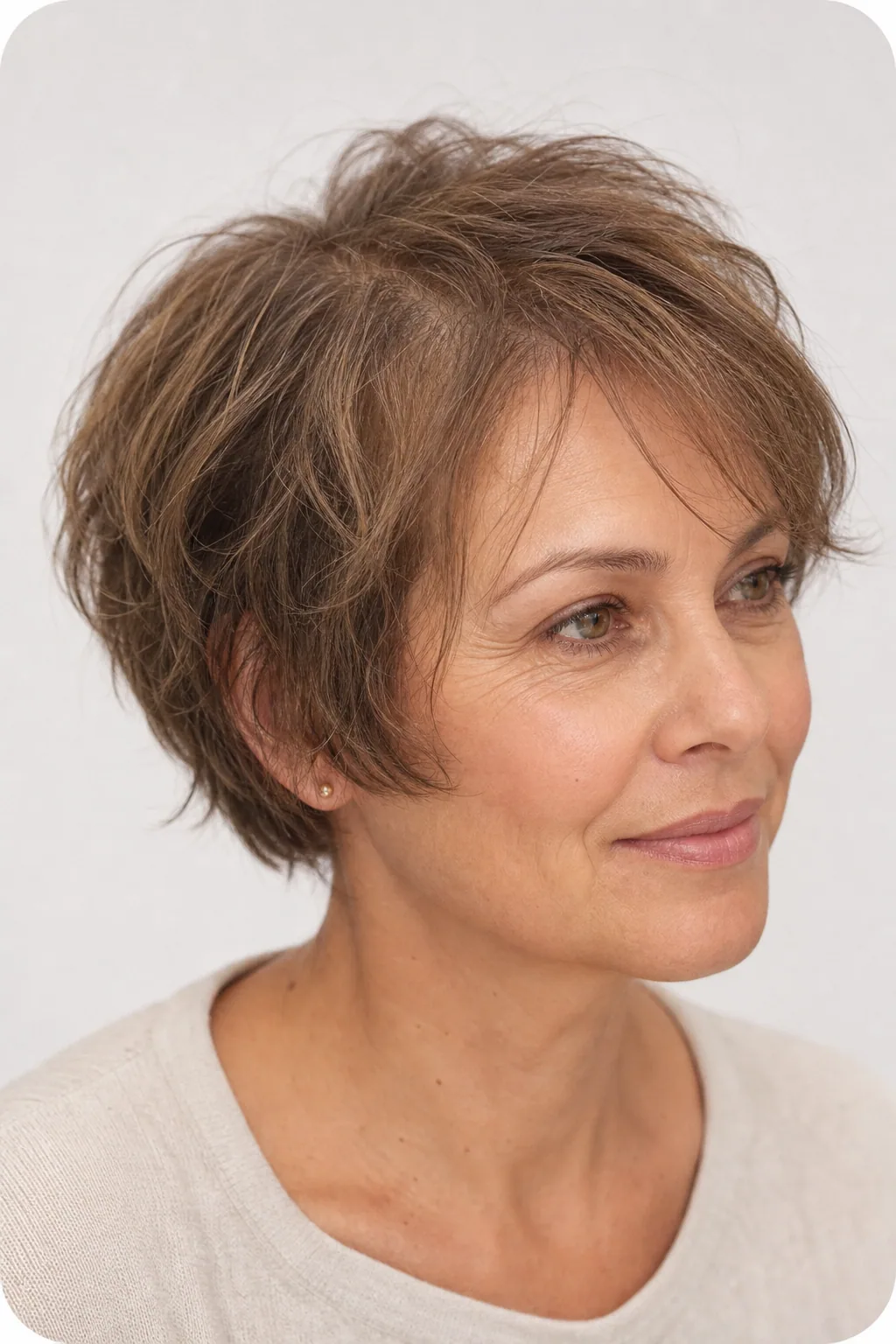 Very short crop with softly rounded outline and slight texture, fine wavy hair, relaxed styling