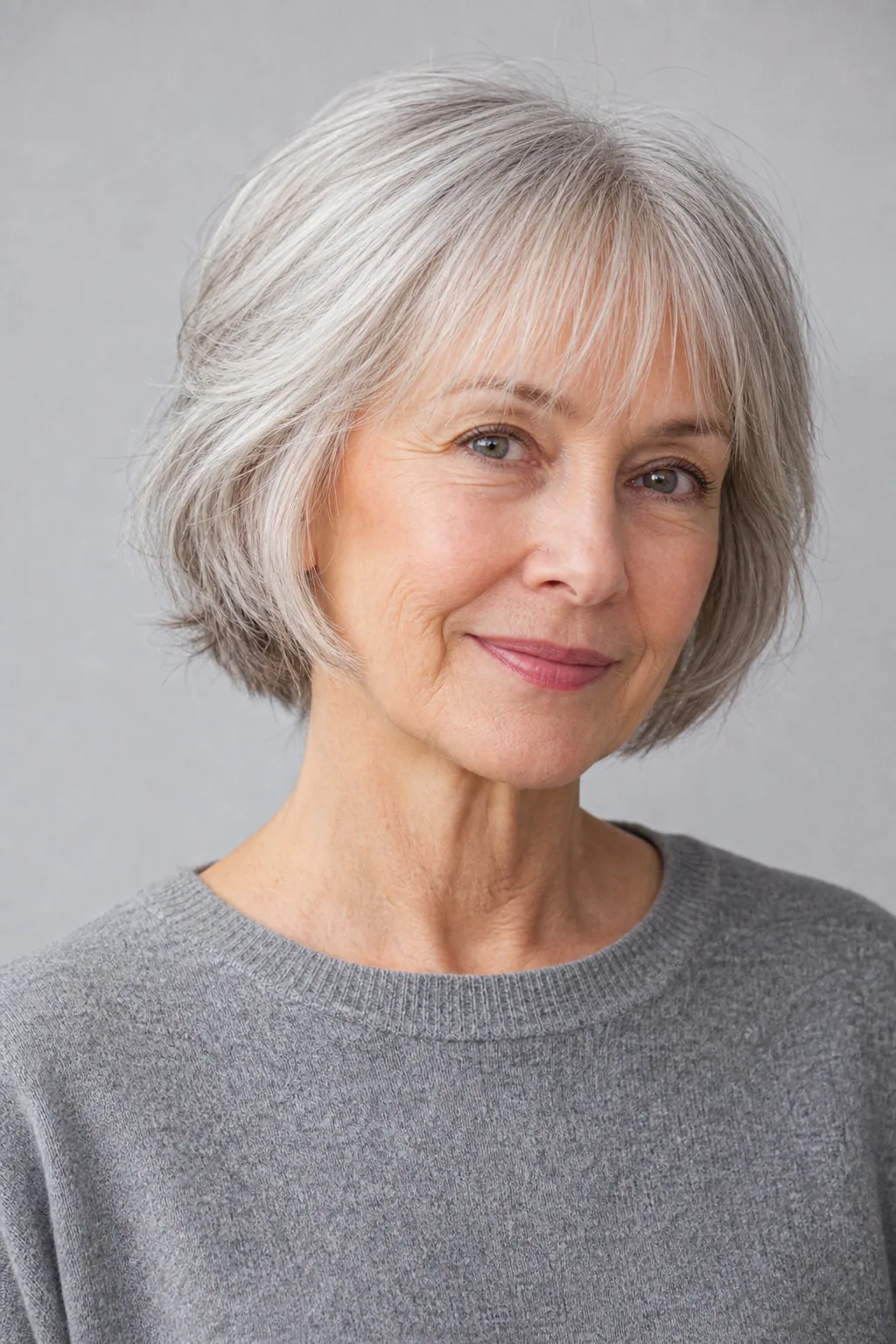 Soft shaggy bob with wispy bangs on fine silver hair over 50