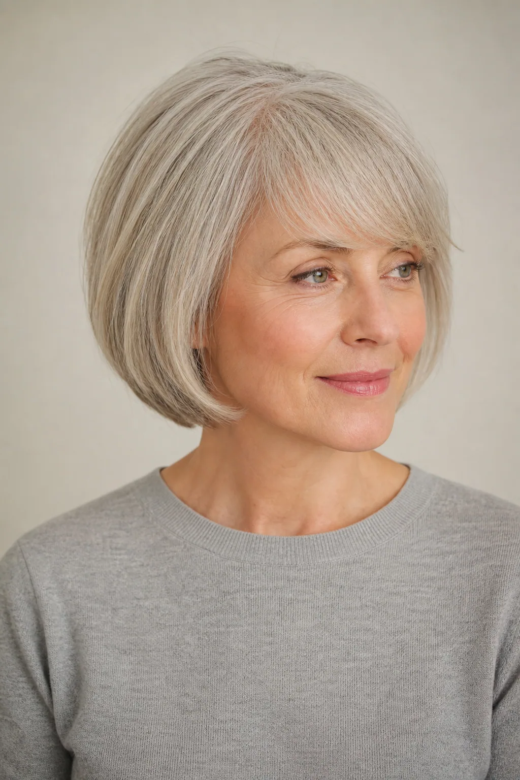Soft short bob with side-swept fringe on fine hair over 50