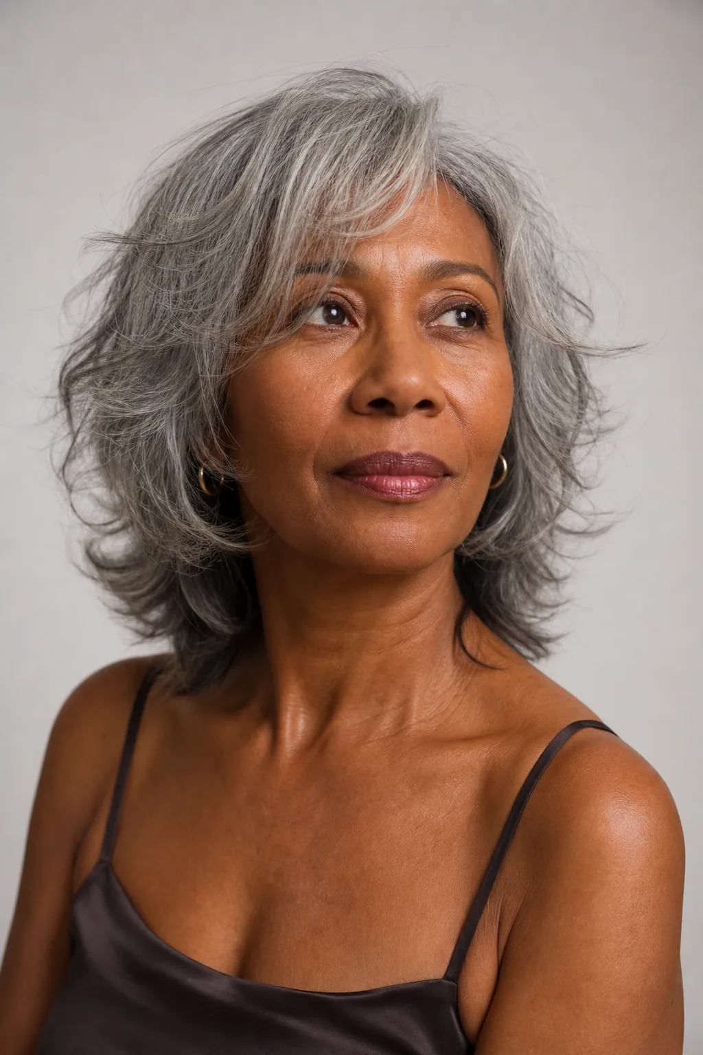 Soft shoulder-length shag with feathered layers on fine thin grey hair over 60