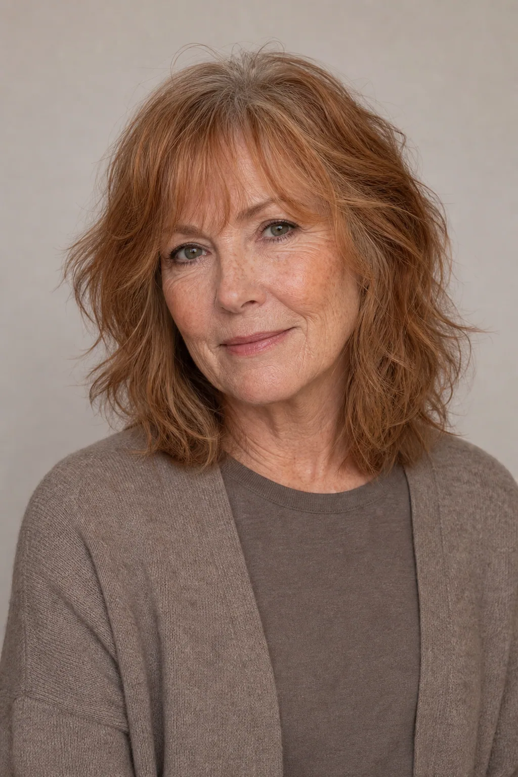 Soft shoulder-length shag with curtain bangs on fine wavy auburn hair over 60