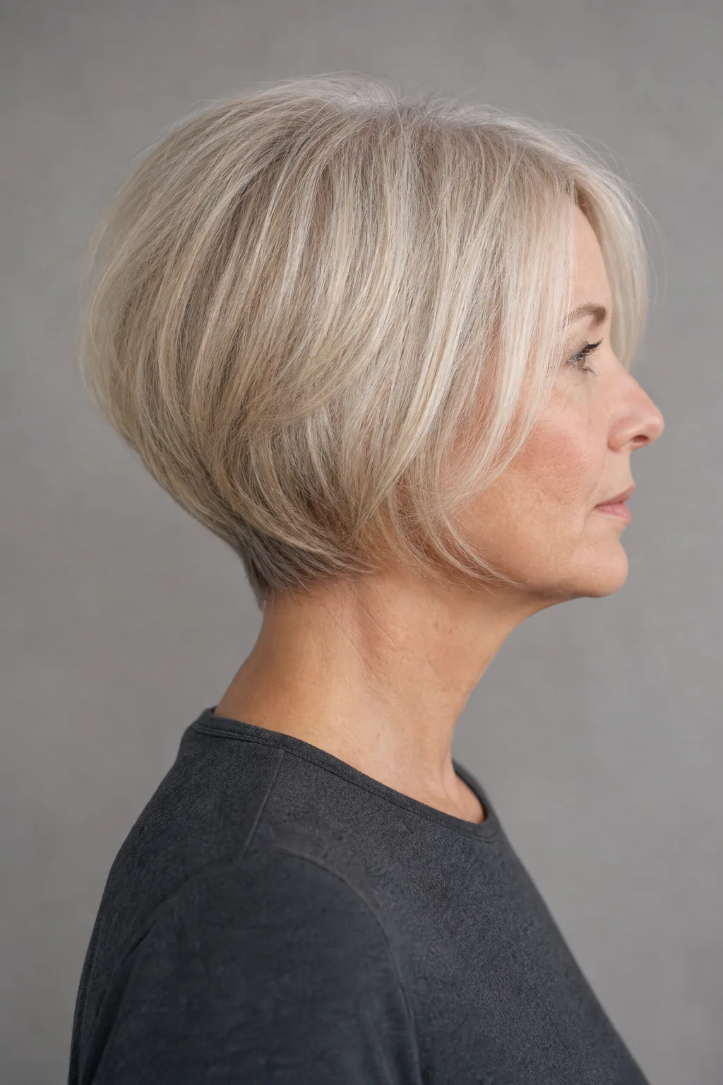 Soft stacked bob with crown lift on fine gray-blond hair