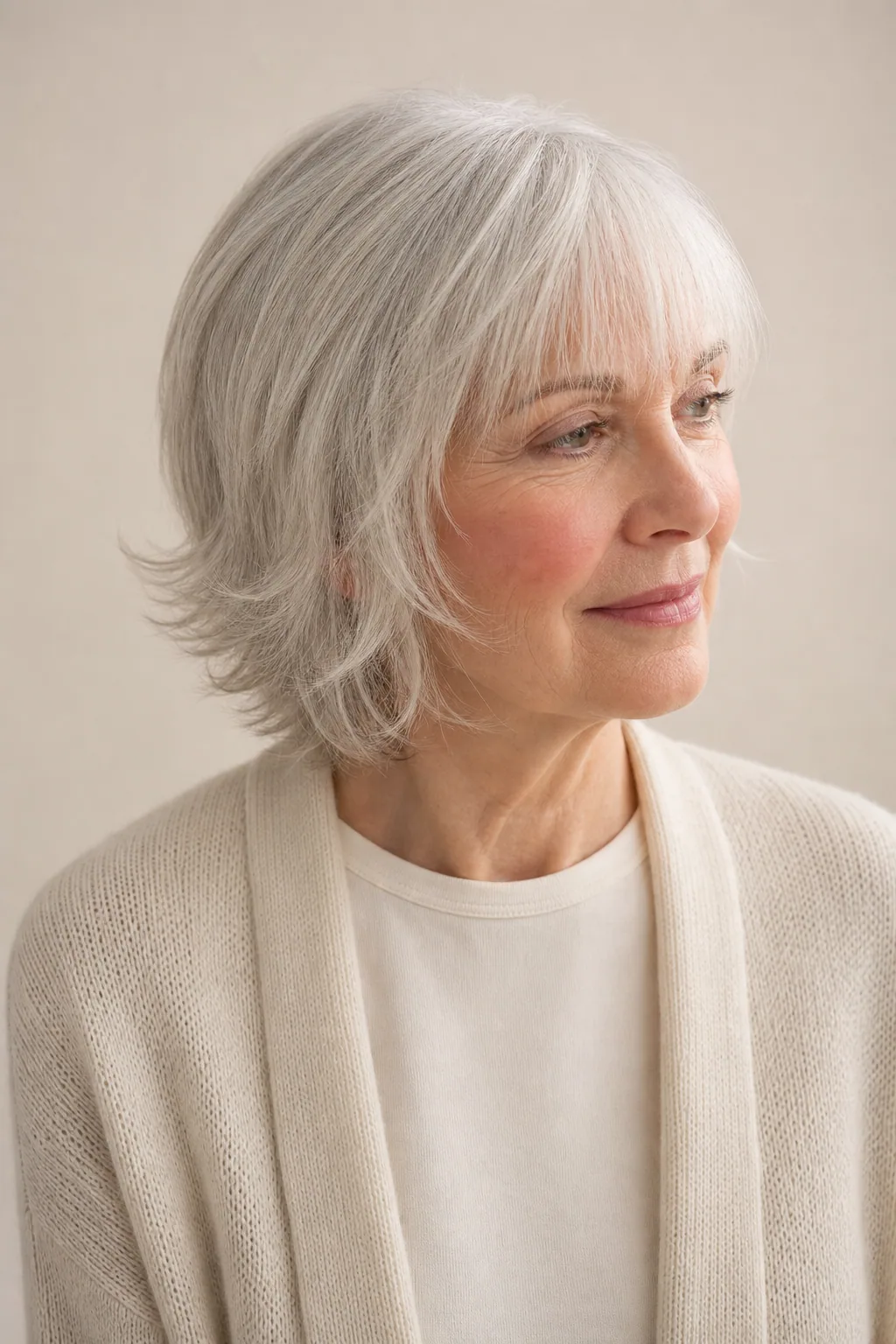 Softened shag with a dense crown on fine silver hair over 60
