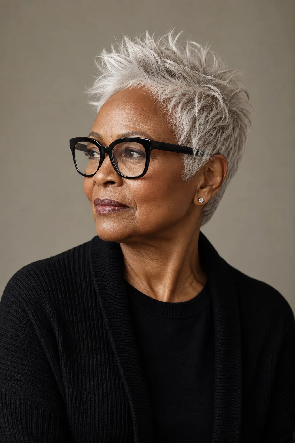 Spiky textured pixie with bold black glasses on fine silver-white hair over 60