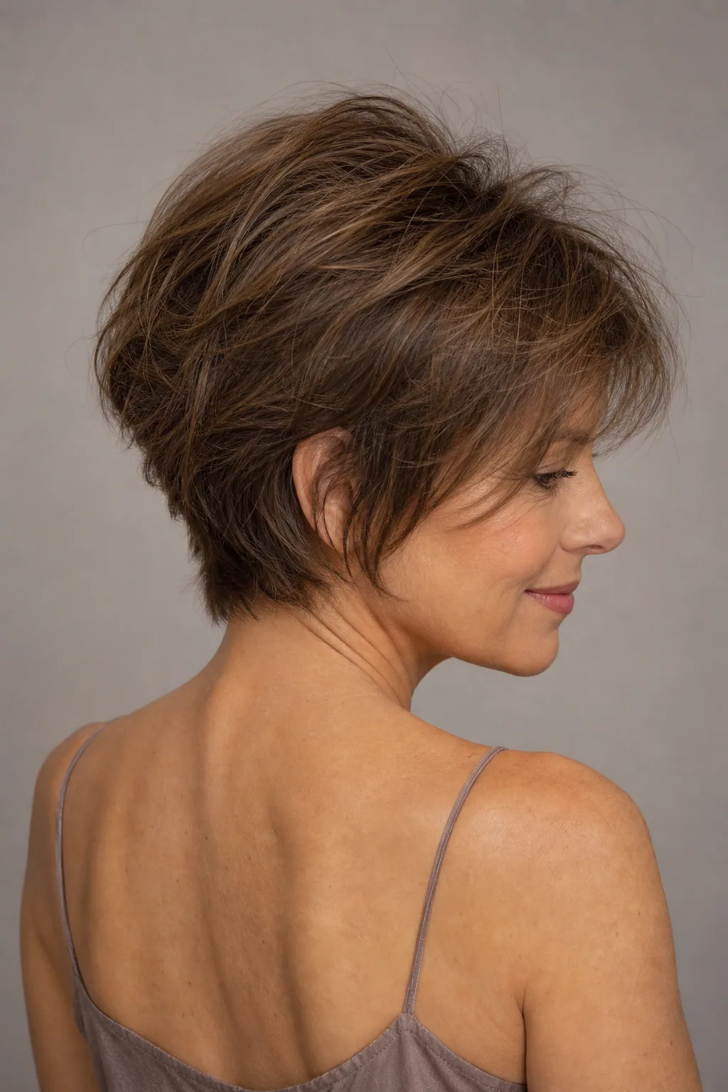 Stacked-back bixie with graduated crown height and a softer longer front on fine hair