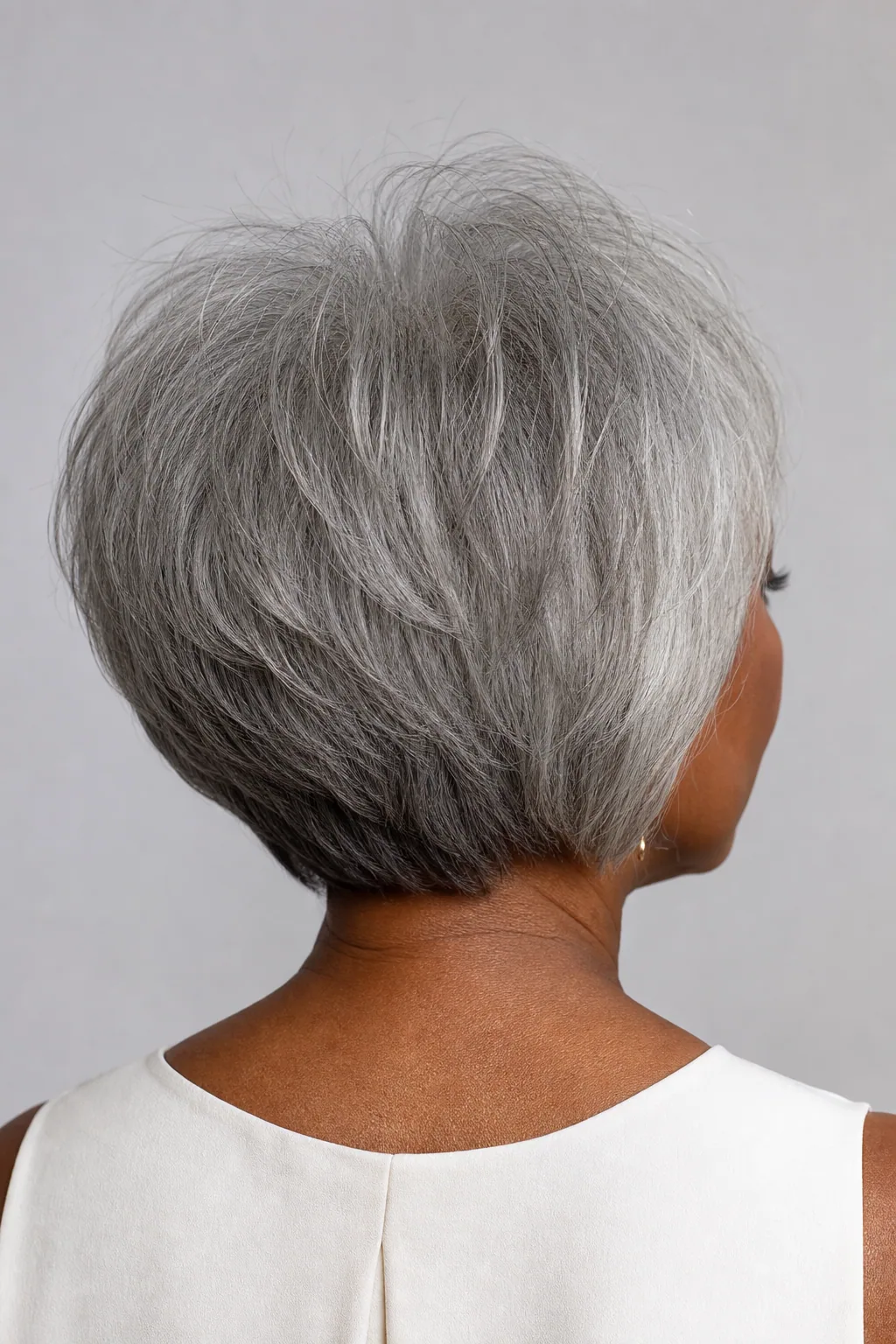 Back view of a stacked bob building crown height on fine thin grey hair over 60