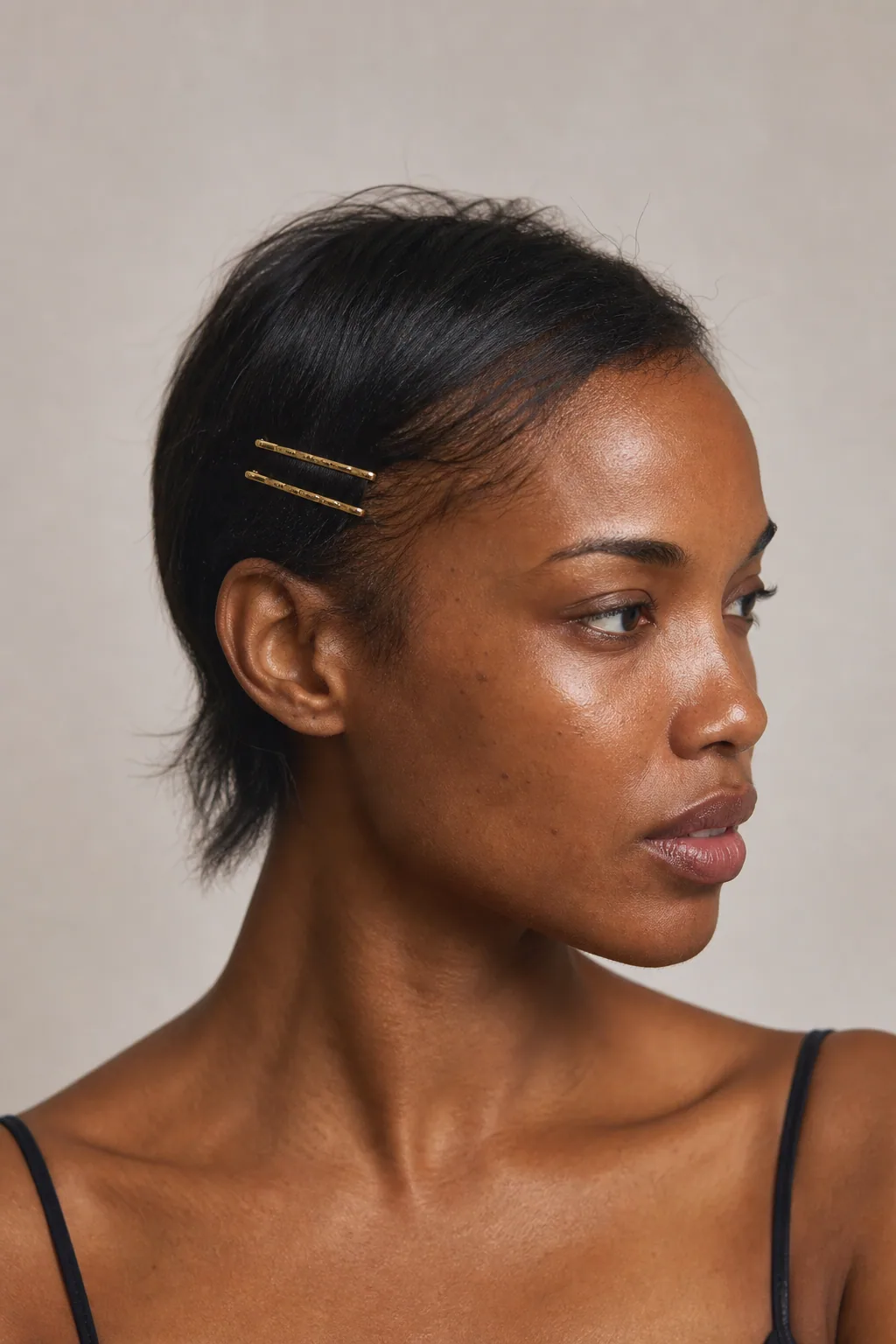 Ear-length fine hair with one side pinned back flat using two small gold barrettes stacked in parallel
