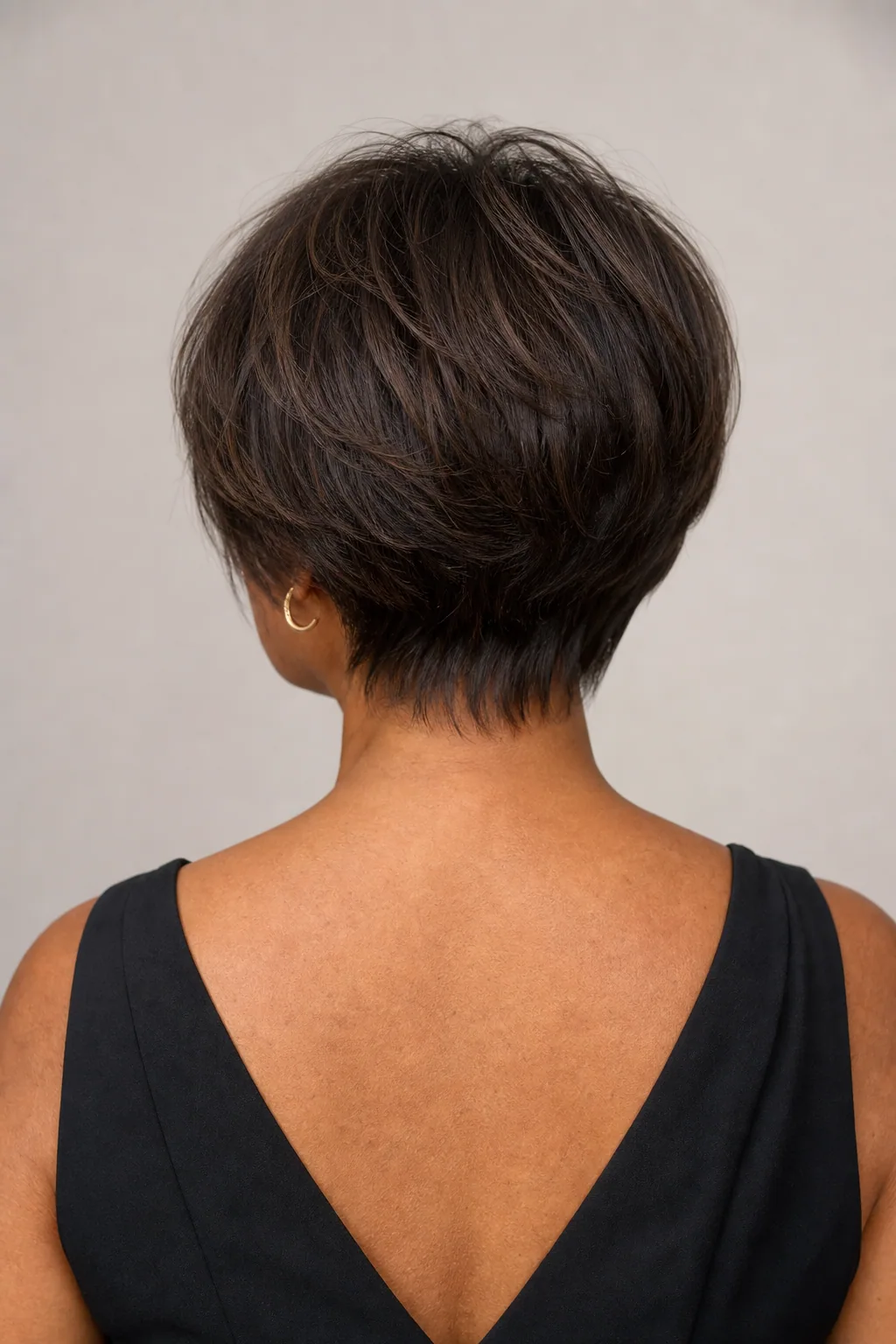 Back view of a stacked graduated bob building crown volume on fine thin hair