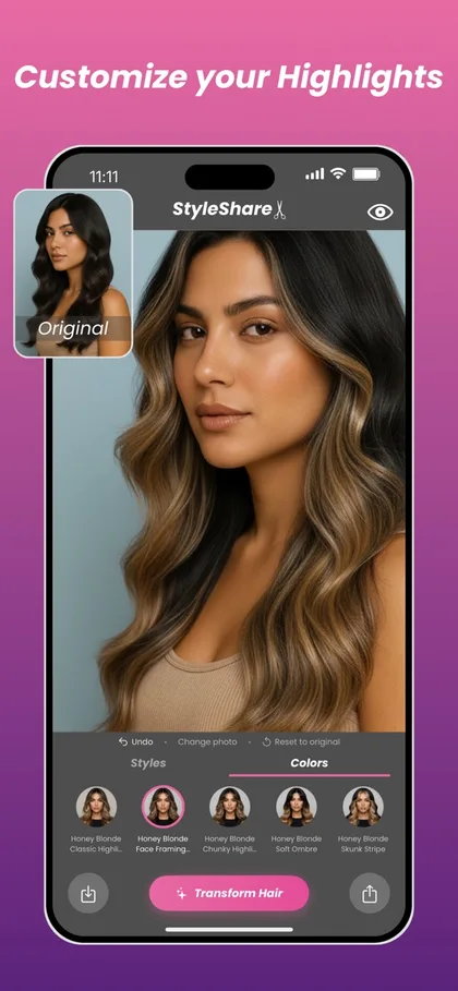 StyleShare Customize your Highlights screen showing dark hair transformed with honey blonde highlights next to the original photo