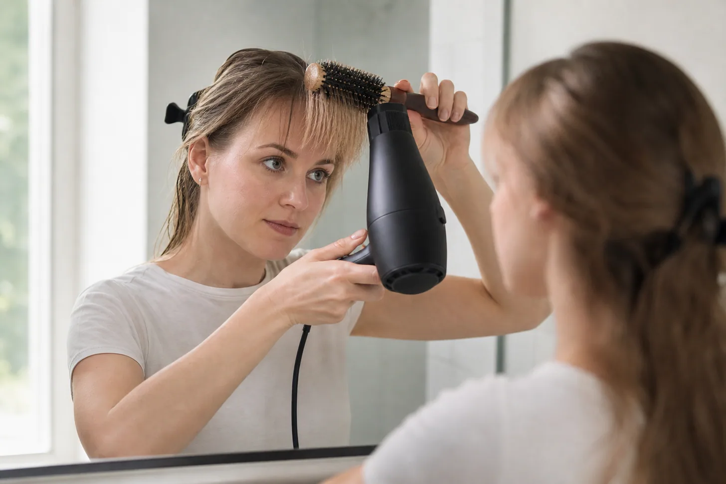 A woman drying a fine fringe with a small round brush at a bathroom mirror