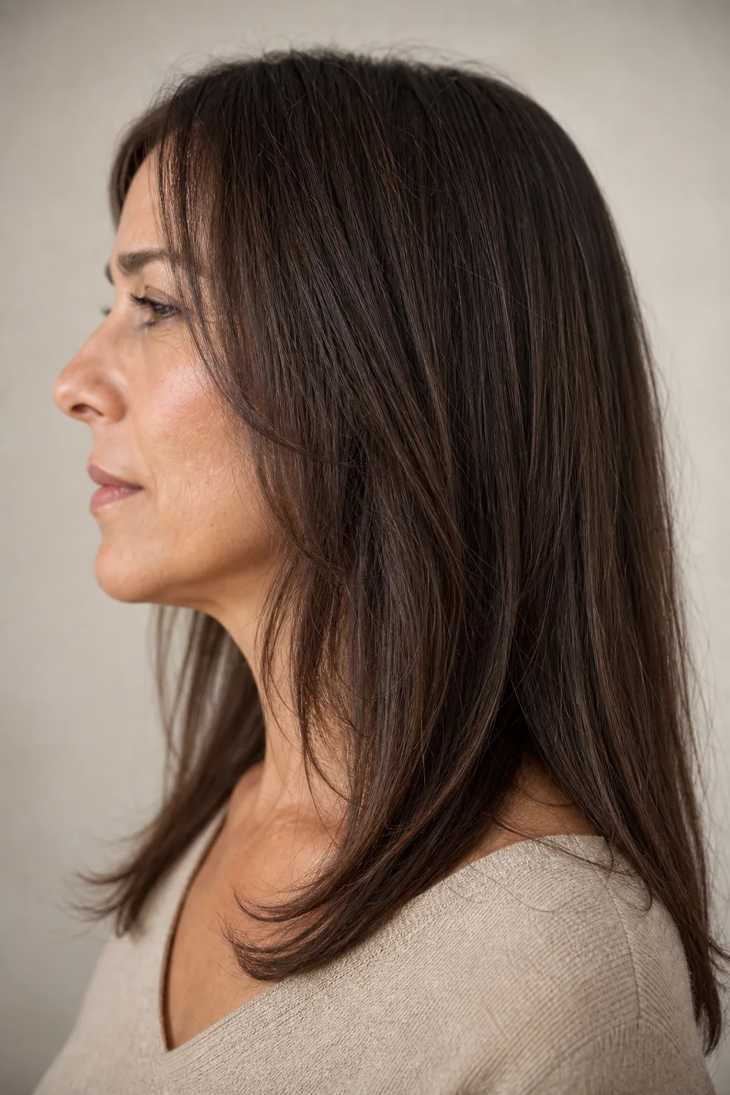 Long fine hair with very subtle collarbone-level face-framing, side view showing a soft angled front edge