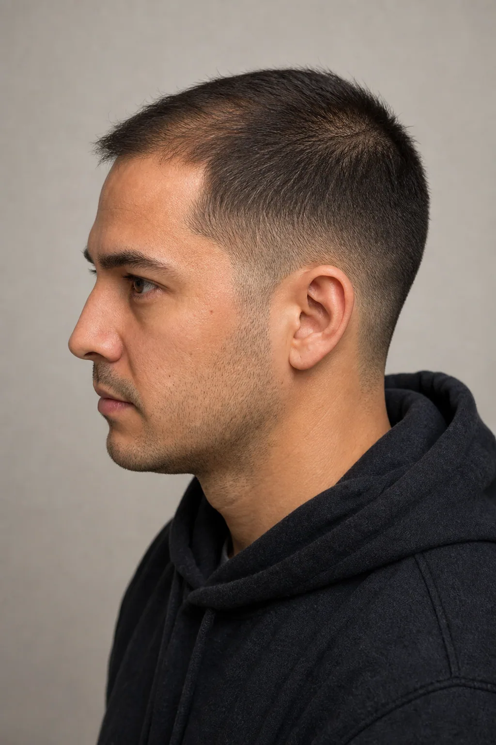 Tapered buzz cut with a longer top on thinning dark hair