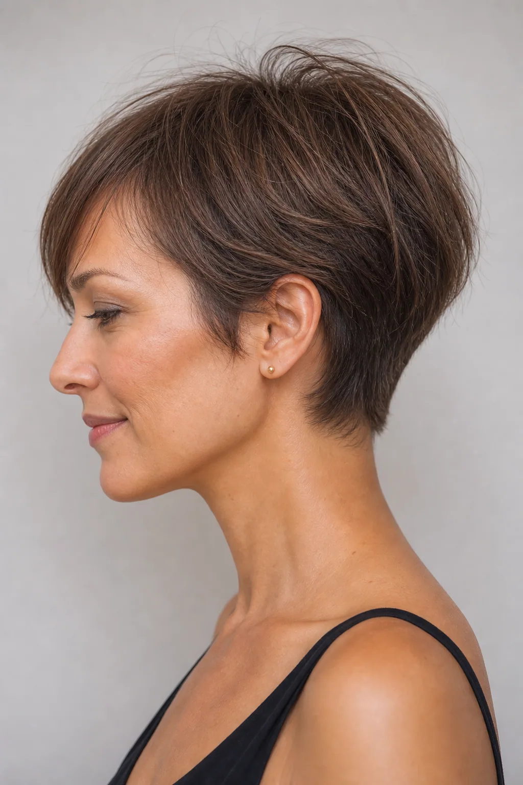 Tapered pixie with a graduated nape building crown weight on fine straight hair