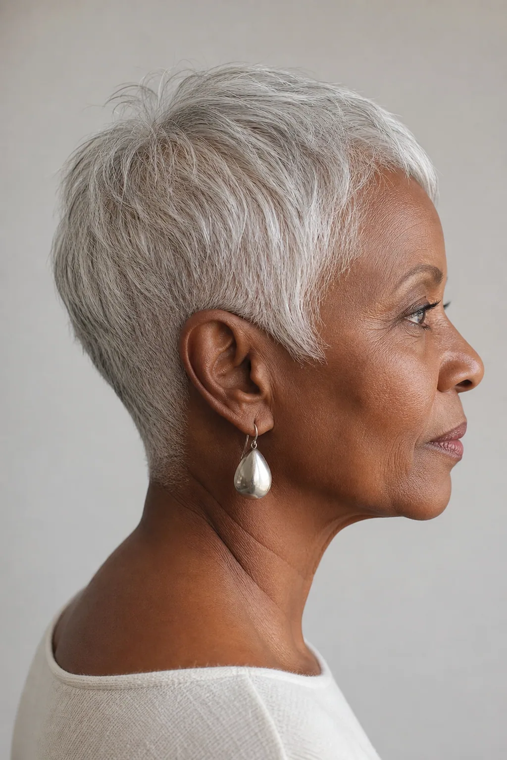 Tapered pixie with a close nape on fine thin silver-white hair over 60
