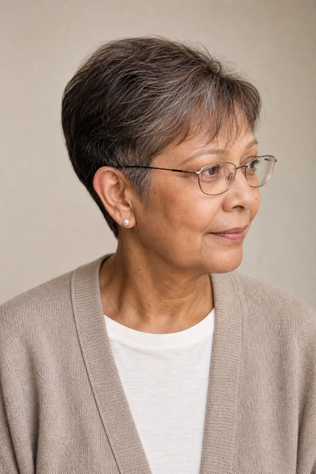 Tapered pixie with a soft fringe and thin metal glasses on fine hair over 60