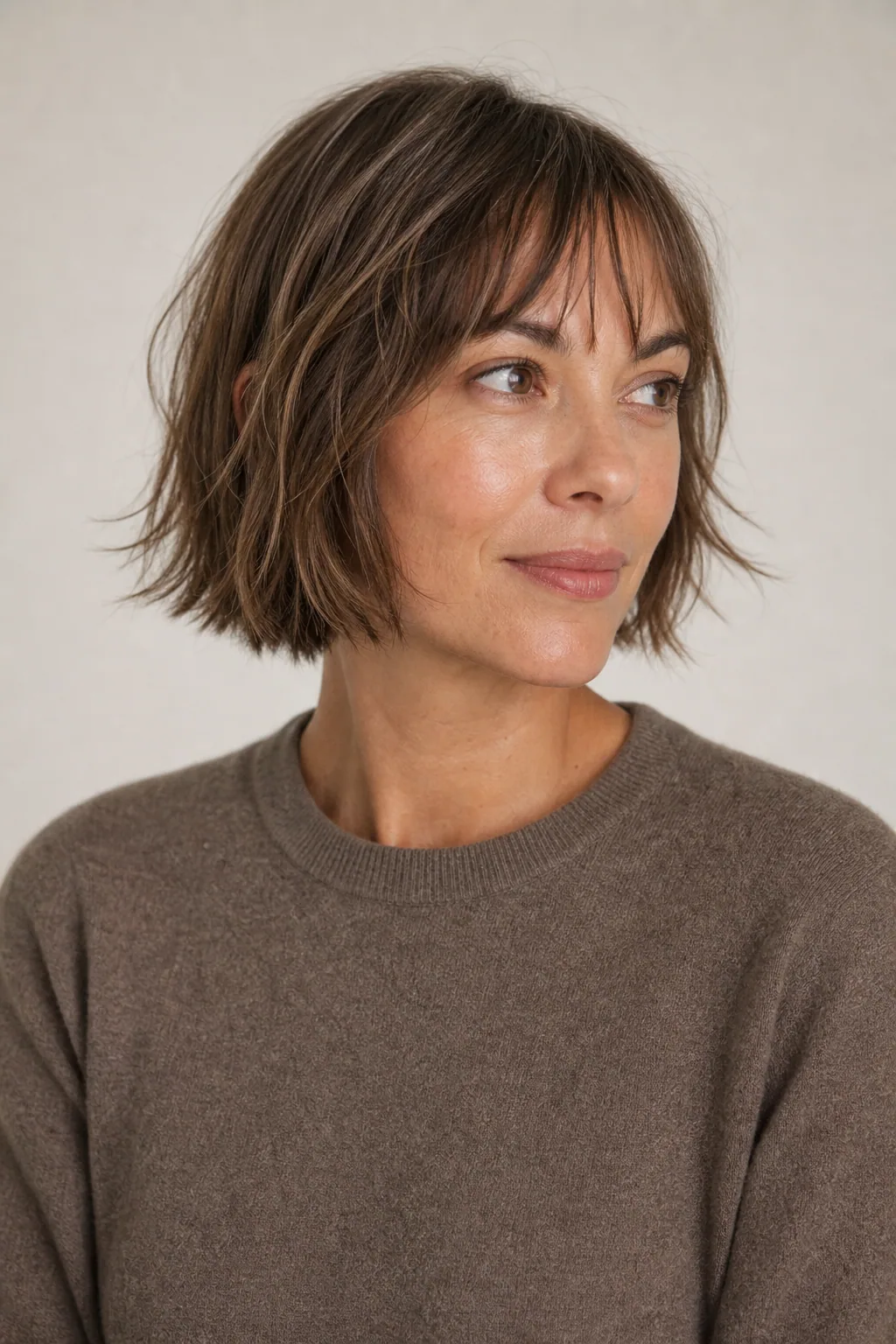 Textured chin bob with piece-y bangs on fine light-brown hair