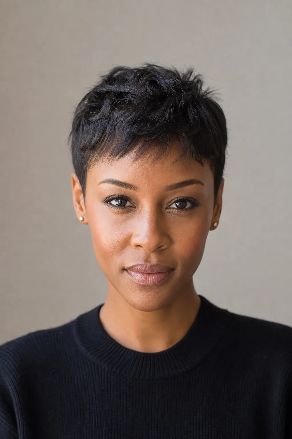 Short textured crop pushed forward on fine black hair