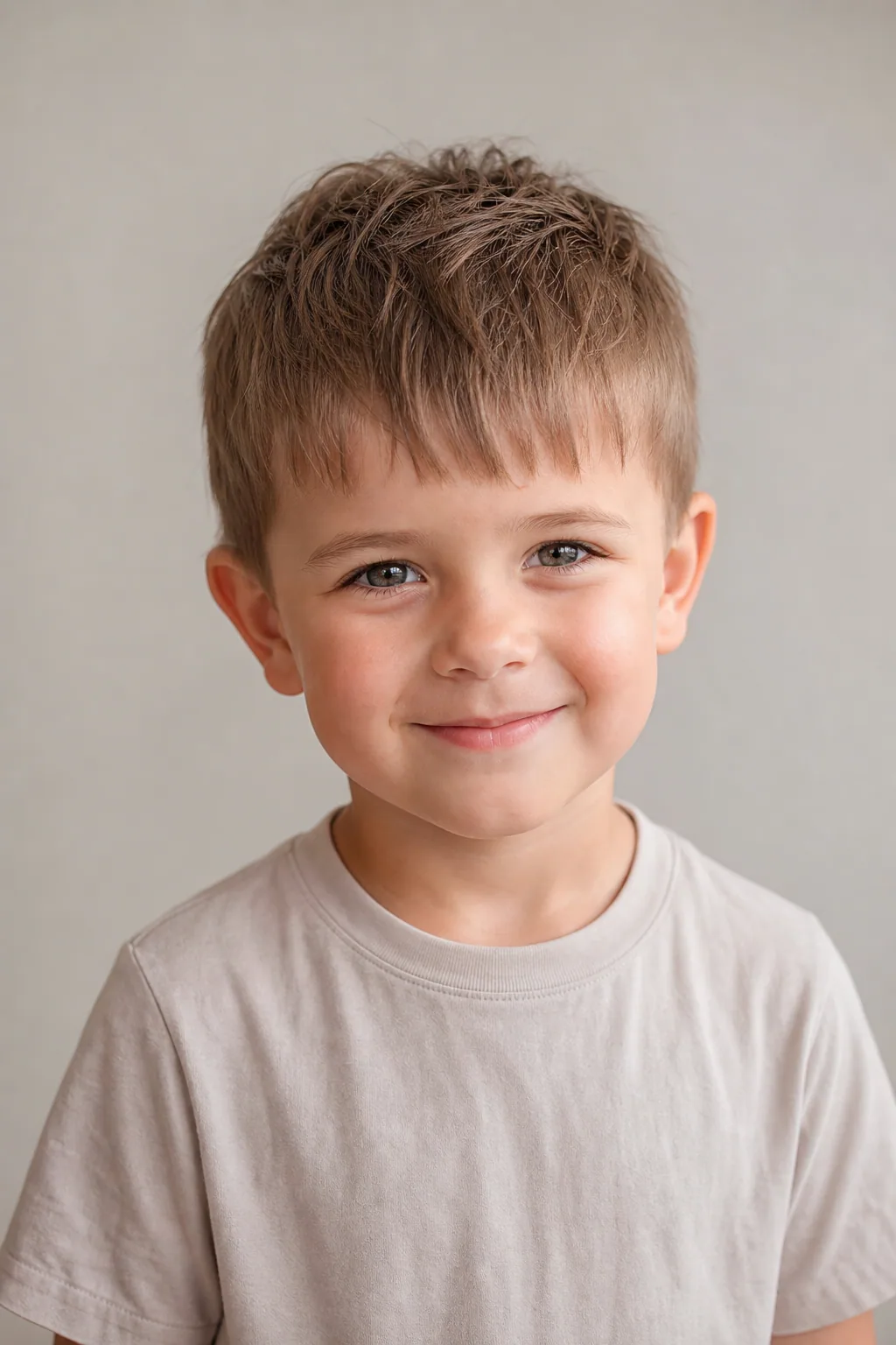 Young boy with a short textured crop and forward fringe on fine hair
