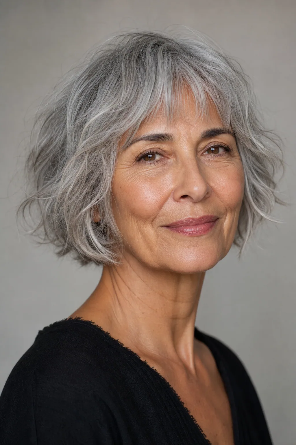 Textured French bob with a soft fringe on fine wavy thin grey hair over 60