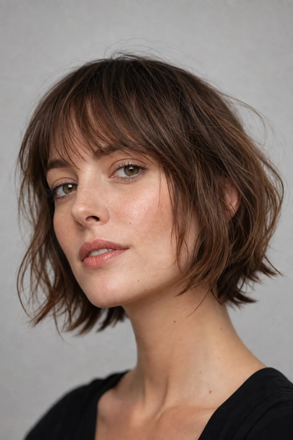 Chin-length textured French bob with a full soft fringe and piece-y ends on fine wavy hair