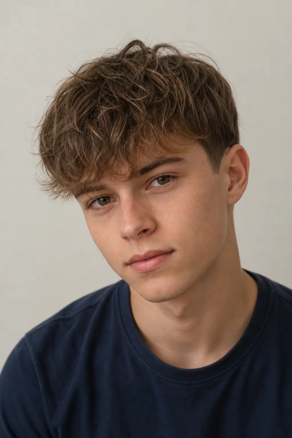 Teenage boy with a textured fringe on thin wavy hair