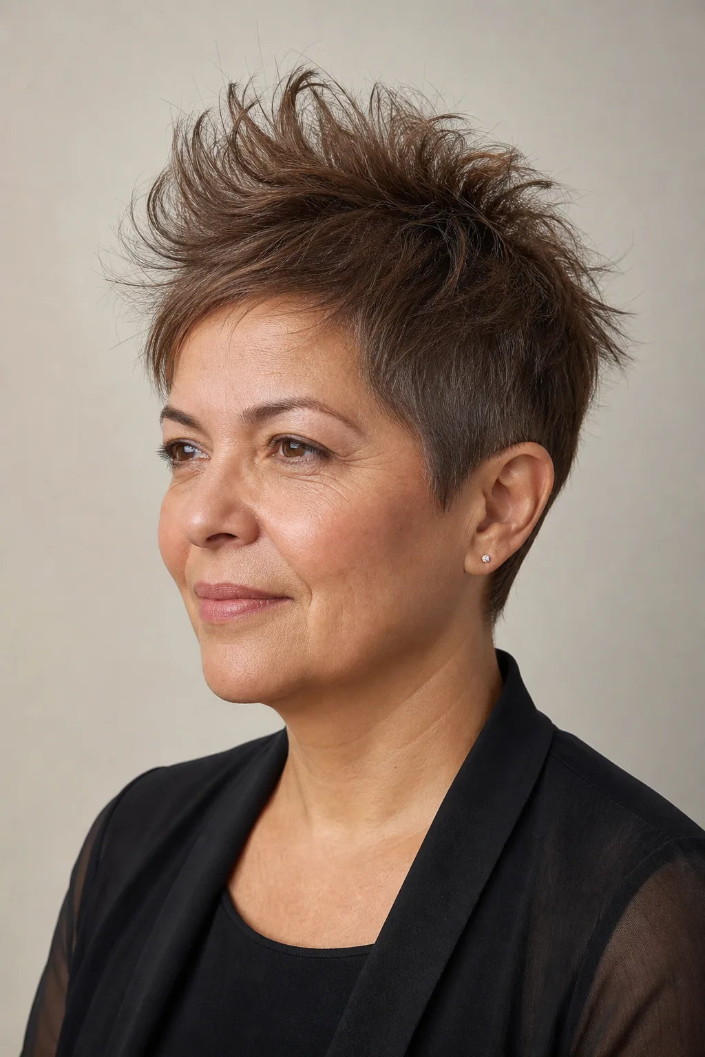 Textured pixie with height and length left on top, tapered close at the sides, on fine straight brown hair, woman with a round face