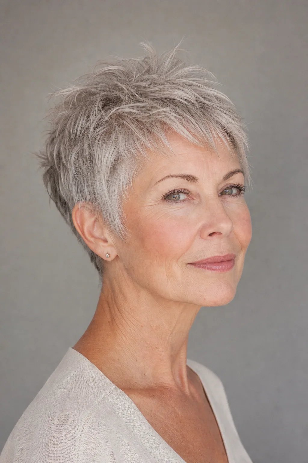 Soft textured pixie with a lifted piece-y crown on fine thin grey hair over 60