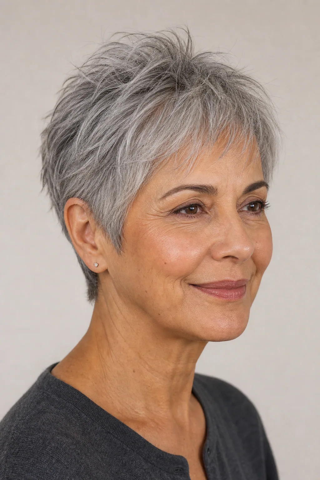 Textured pixie with a soft lifted crown on fine thin grey hair over 60