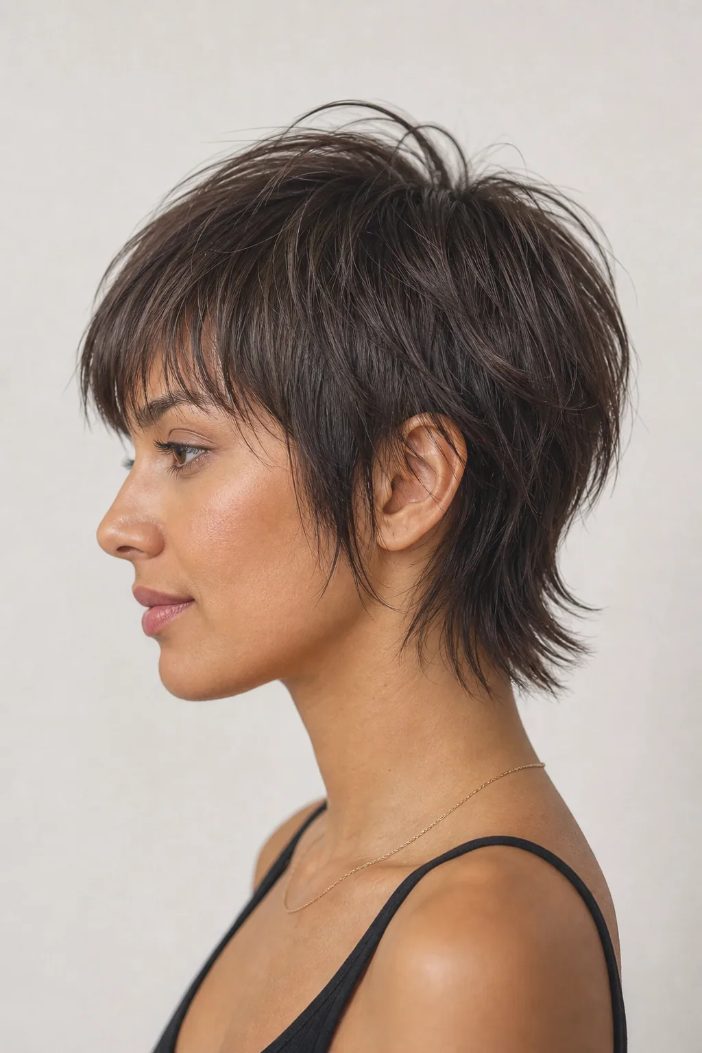 Textured pixie-mullet on fine hair with piecey separated crown layers, side profile