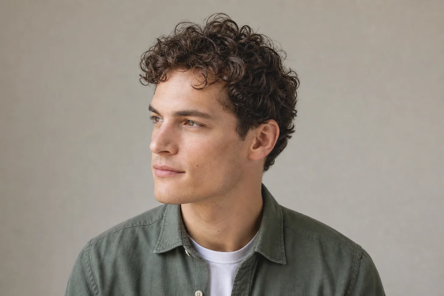 Man with thin, fine curly hair cut short at the sides with defined curls on top