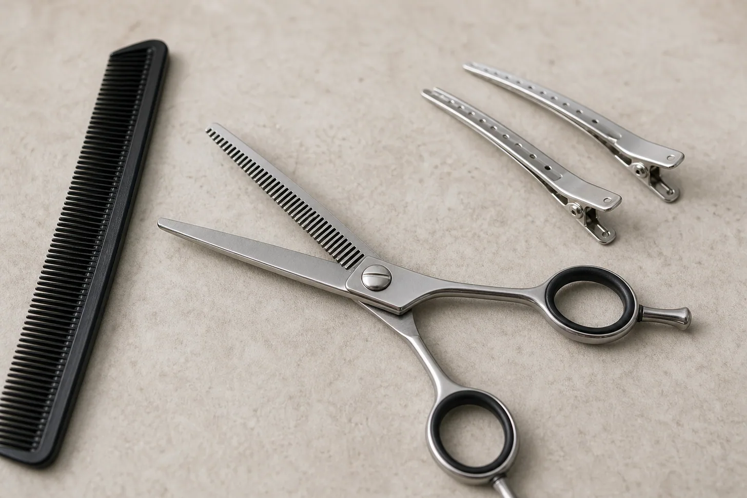 Open thinning shears on a salon station beside a fine-tooth comb and sectioning clips, notched blade visible