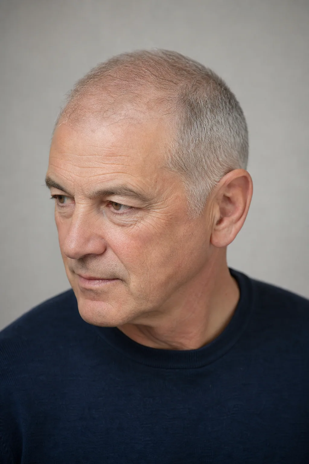Very short even crop on a man in his sixties with advanced thinning