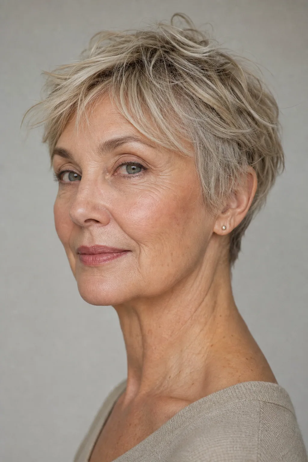Tousled undone short crop on fine thin ash-blonde hair over 60