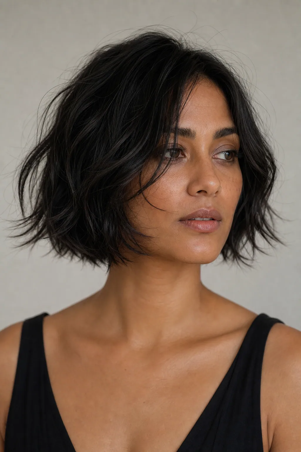 Tousled jaw-length wavy bob with loose beachy texture faking density on fine hair