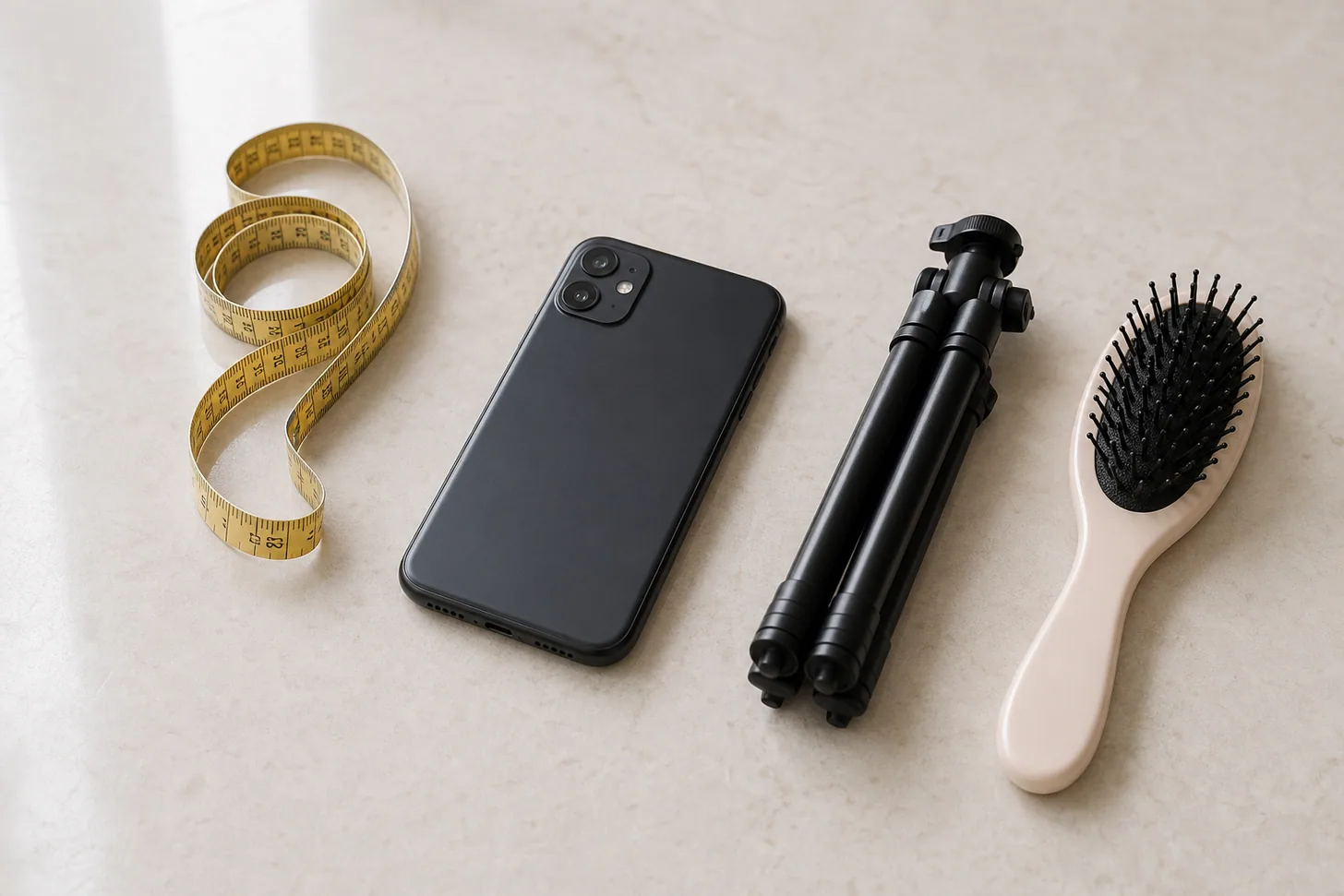 A tape measure and a phone on a tripod beside a hairbrush