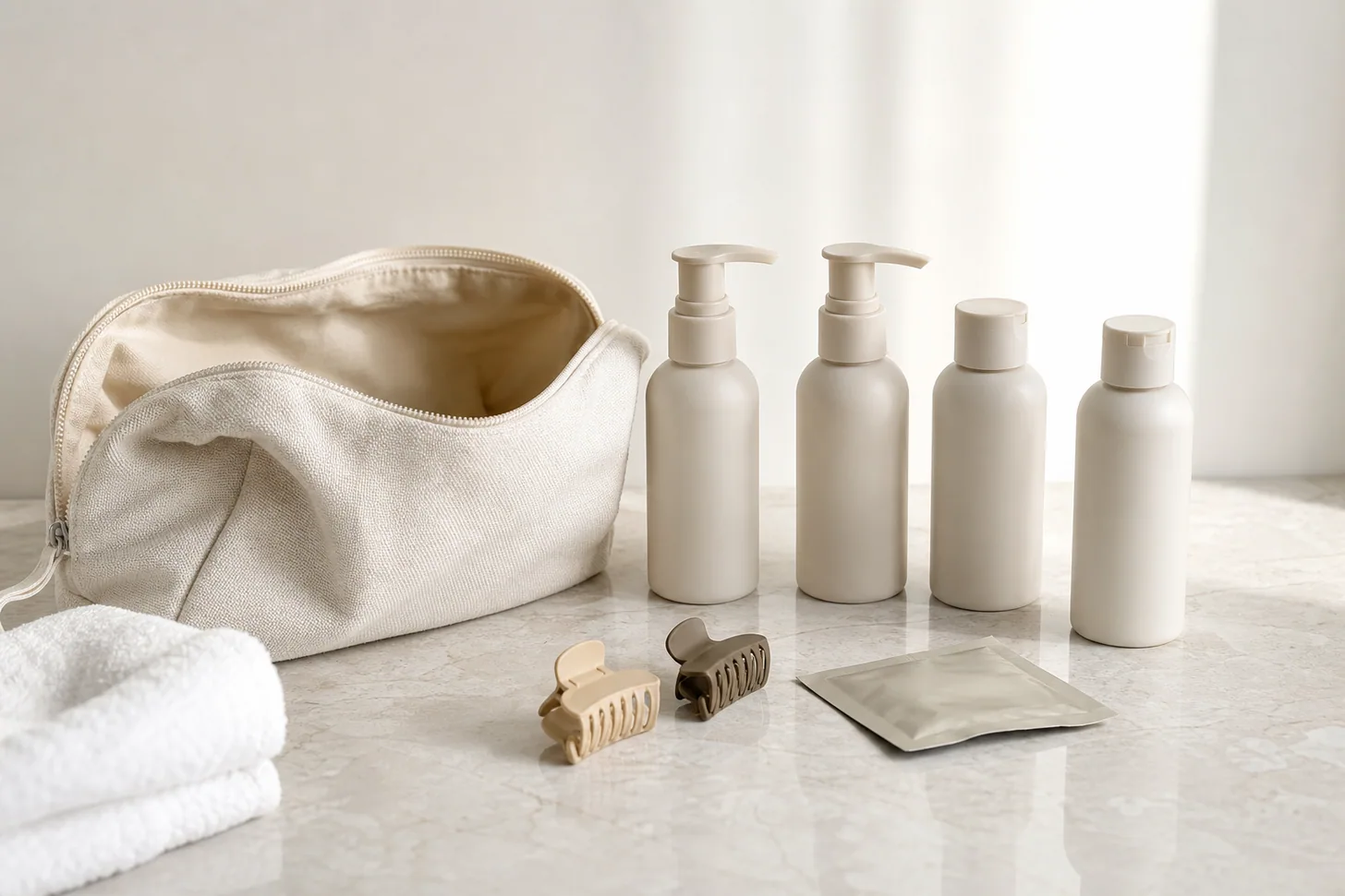 Travel hair kit for fine hair on a hotel bathroom counter