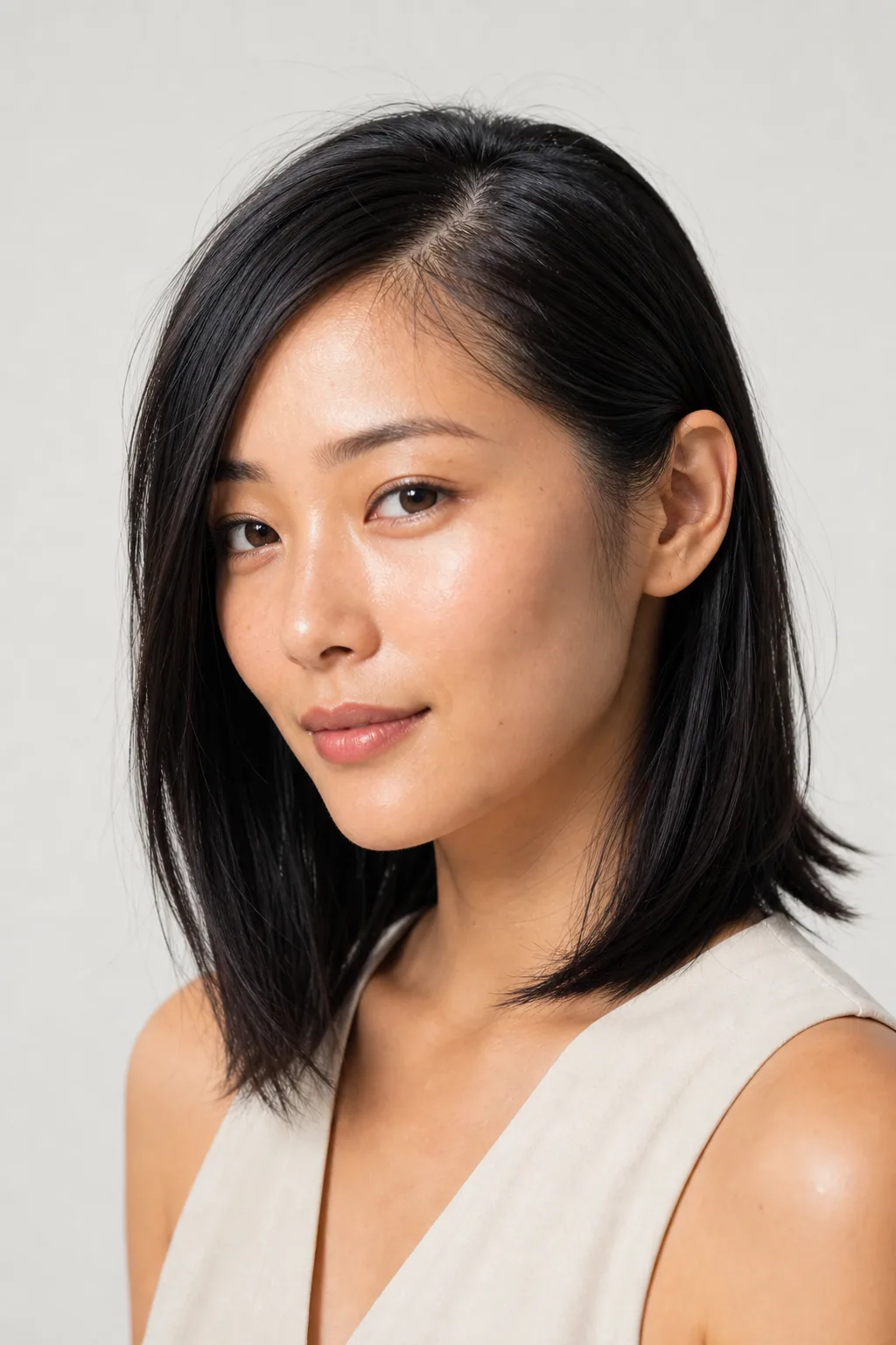 Tuck-behind-the-ear lob with a side part, sleek and easy on fine hair