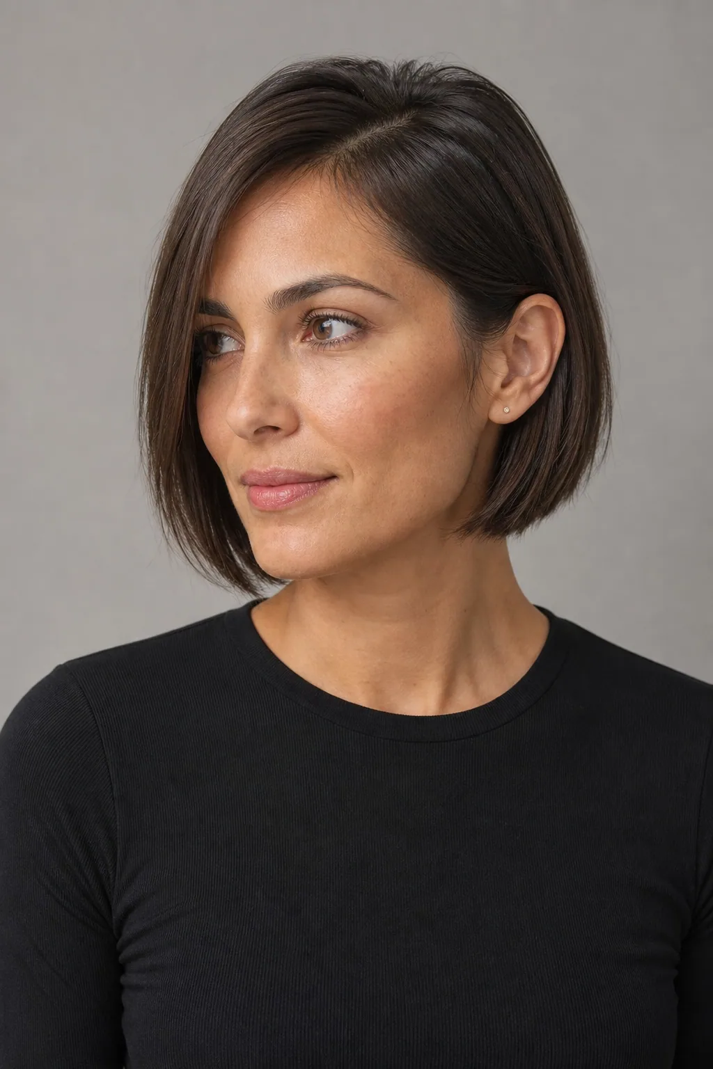 Jaw-length short bob tucked behind one ear on fine dark-brown hair