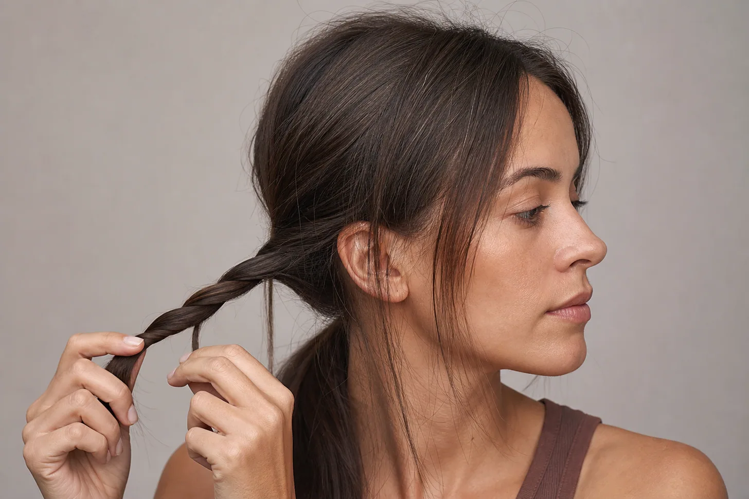 Fine-hair ponytail split into two sections being twisted into coils