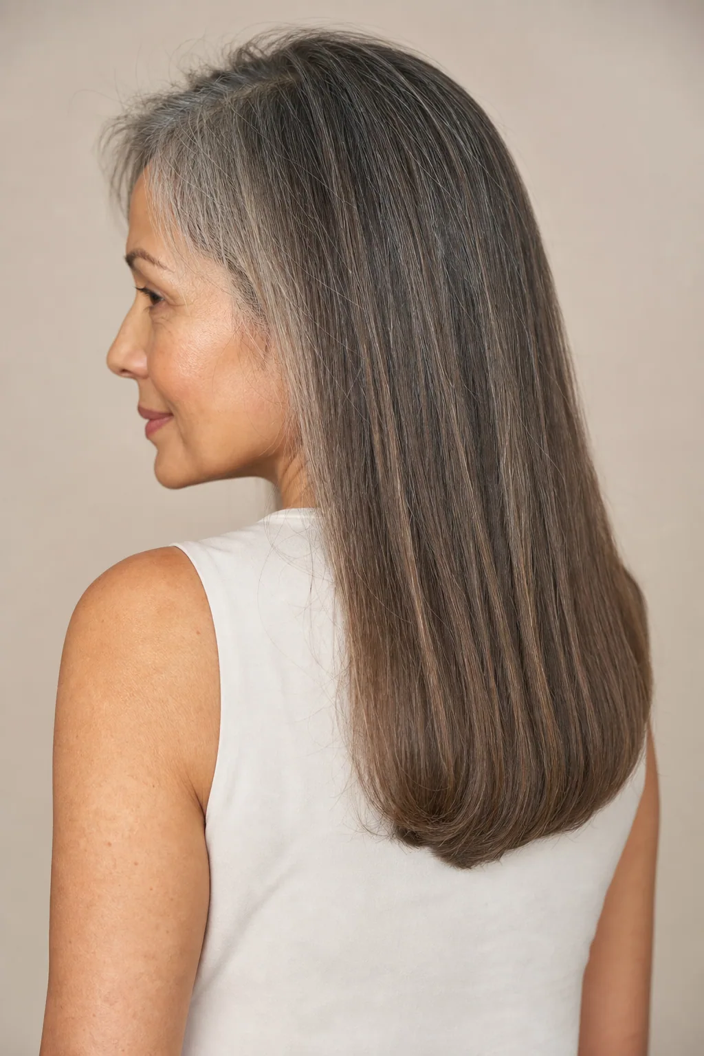 U-cut long hair with a heavy hemline that needs no styling on fine hair