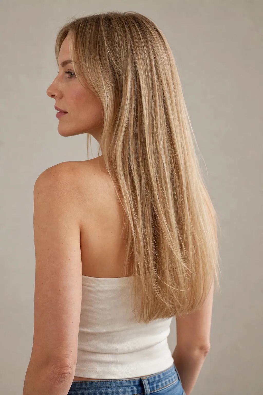 Long hair with a rounded U-cut hemline keeping weight at the bottom on fine hair