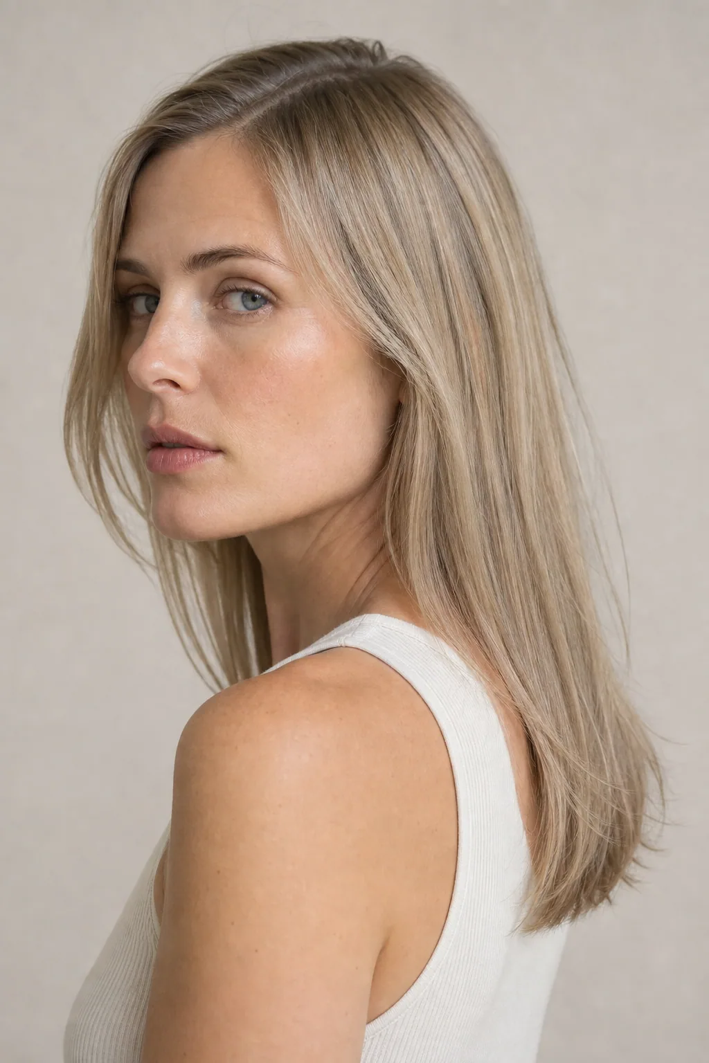 Long fine hair below the collarbone with a soft U-shaped hemline and an off-center part on a square-jawed face, three-quarter view