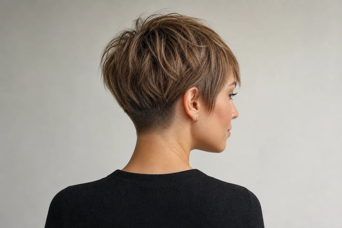 Textured pixie cut with a short nape undercut on fine light-brown hair